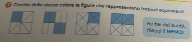 Cerchia delio stesso colore le figure che rappresentano frazioni equivalenti. 
Se hai dei dubbi, 
rileggi il MEMO!