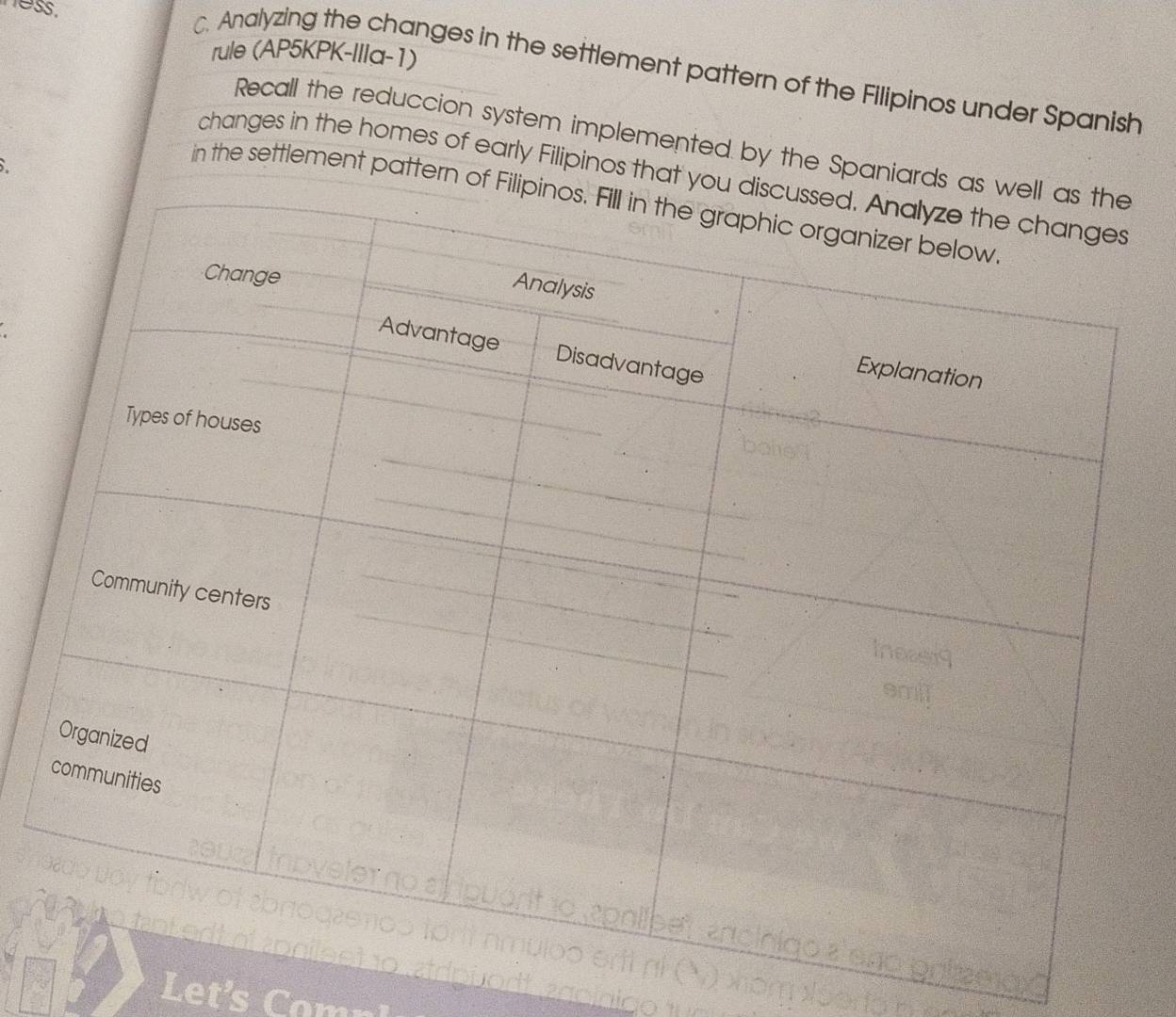 ness, 
rule (AP5KPK-IIIa-1) 
C. Analyzing the changes in the settlement pattern of the Filipinos under Spanish 
Recall the reduccion system implemented by the Spaniard 
changes in the homes of early Filipinos that 
in the settlement pattern o 
Le