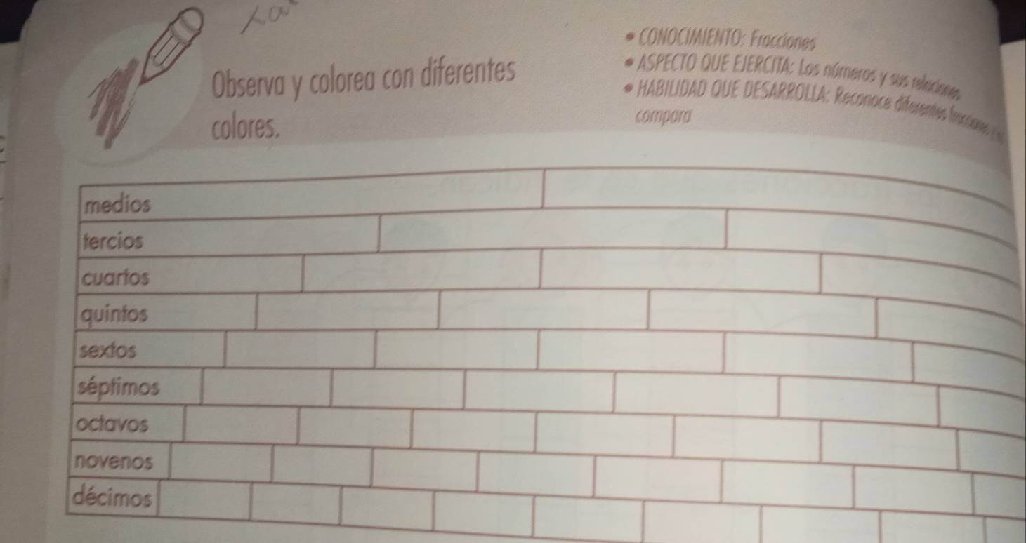 a CONOCIMIENTO: Fracciones 
Observa y colorea con diferentes 
ASPECTO QUE EJERCITA: Los números y sus relaciones 
HABILIDAD QUE DESARROLLA: Reconoce diferentes fractione 
colores. 
compara