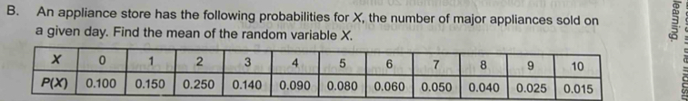 An appliance store has the following probabilities for X, the number of major appliances sold on 3
a given day. Find the mean of the random variable X.