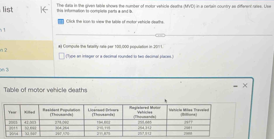 The data in the given table shows the number of motor vehicle deaths (MVD) in a certain country as different rates. Use 
list this information to complete parts a and b. 
H Click the icon to view the table of motor vehicle deaths. 
1 
a) Compute the fatality rate per 100,000 population in 2011.
n2
(Type an integer or a decimal rounded to two decimal places.) 
n 3
Table of motor vehicle deaths