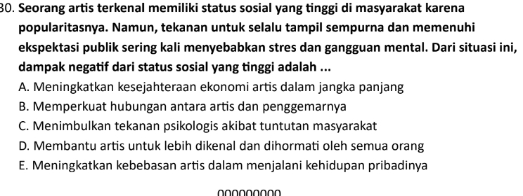 Seorang artis terkenal memiliki status sosial yang tinggi di masyarakat karena
popularitasnya. Namun, tekanan untuk selalu tampil sempurna dan memenuhi
ekspektasi publik sering kali menyebabkan stres dan gangguan mental. Dari situasi ini,
dampak negatif dari status sosial yang tinggi adalah ...
A. Meningkatkan kesejahteraan ekonomi artis dalam jangka panjang
B. Memperkuat hubungan antara artis dan penggemarnya
C. Menimbulkan tekanan psikologis akibat tuntutan masyarakat
D. Membantu artis untuk lebih dikenal dan dihormati oleh semua orang
E. Meningkatkan kebebasan artis dalam menjalani kehidupan pribadinya
∩∩∩∩∩∩∩∩∩