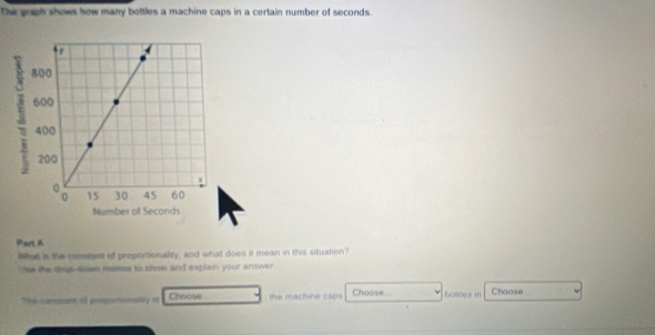 The grach shows how many bottles a machine caps in a certain number of seconds. 
Part A 
What a the comtant of proportionality, and what does it mean in this situation? 
He the diip-dawe memes to show and explain your answer 
The conssors of preportionslly it Choose the machine caps Choose- bostles in Choose