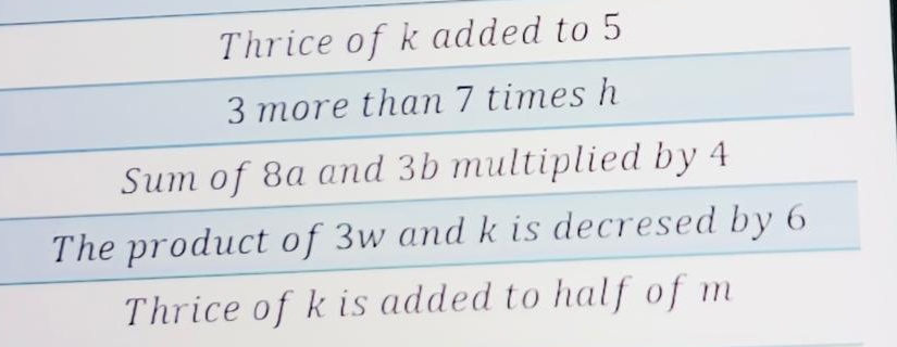 Thrice of k added to 5
3 more than 7 times h
Sum of 8a and 3b multiplied by 4
The product of 3w and k is decresed by 6
Thrice of k is added to half of m