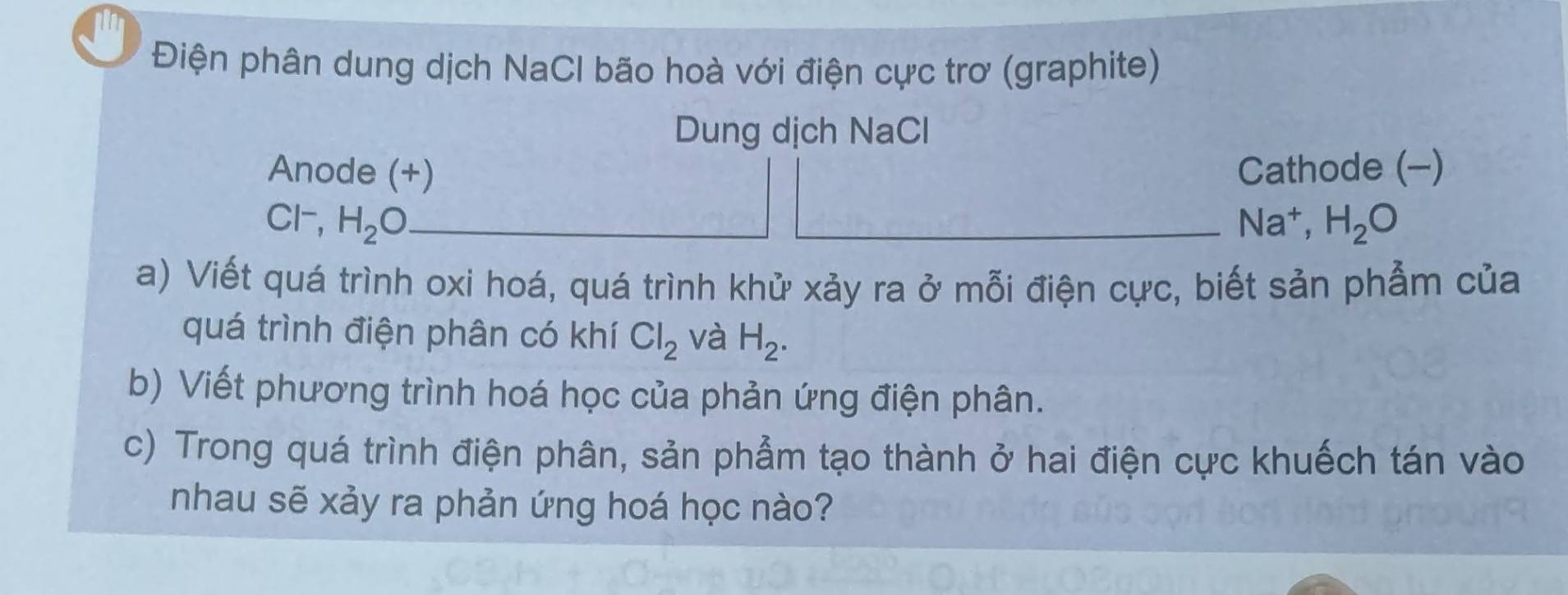 Điện phân dung dịch NaCI bão hoà với điện cực trơ (graphite) 
Dung dịch NaCl 
Anode (+) Cathode (-)
Cl^-, H_2O
Na^+, H_2O
a) Viết quá trình oxi hoá, quá trình khử xảy ra ở mỗi điện cực, biết sản phẩm của 
quá trình điện phân có khí Cl_2 và H_2. 
b) Viết phương trình hoá học của phản ứng điện phân. 
c) Trong quá trình điện phân, sản phẩm tạo thành ở hai điện cực khuếch tán vào 
nhau sẽ xảy ra phản ứng hoá học nào?