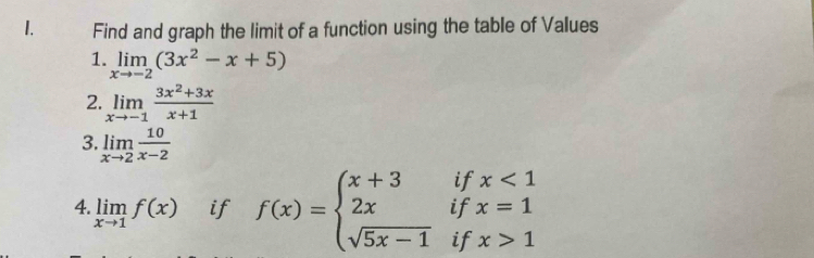 Find and graph the limit of a function using the table of Values 
1. limlimits _xto -2(3x^2-x+5)
2. limlimits _xto -1 (3x^2+3x)/x+1 
3. limlimits _xto 2 10/x-2 
4. limlimits _xto 1f(x) if f(x)=beginarrayl x+3ifx<1 2xifx=1 sqrt(5x-1)ifx>1endarray.