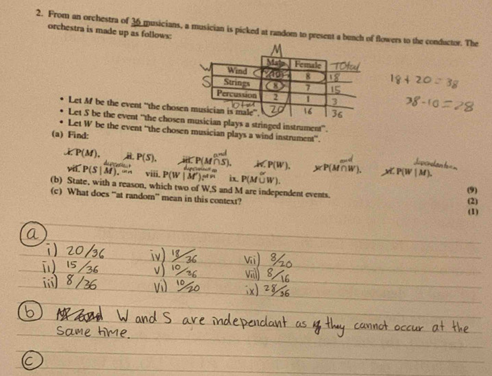 From an orchestra of 36 musicians, a musician is picked at random to present a bunch of flowers to the conductor. The 
orchestra is made up as follows: 
Let M be the event “the chose 
Let S be the event “the chosenplays a stringed instrument”. 
Let W be the event “the chosen musician plays a wind instrument”. 
(a) Find:
dot X.P(M). P(S). P(M∩ S). P(W). y)P(M∩ W). P(W|M). 
vit. P(S|M).^(M). viii. P(W|M')e^(|n|) ix. P(M∪ W). 
(b) State, with a reason, which two of W, S and M are independent events. (2) 
(9) 
(c) What does “at random” mean in this context? 
(1)
