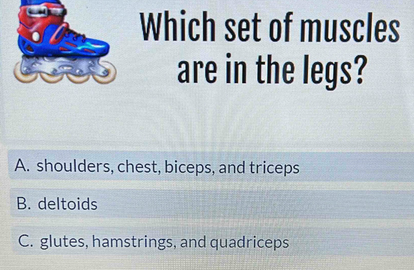 Which set of muscles
are in the legs?
A. shoulders, chest, biceps, and triceps
B. deltoids
C. glutes, hamstrings, and quadriceps