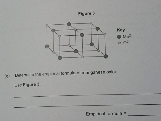 Figure 3 
Key
Mn^(2+)
O^(2-)
(g) Determine the empirical formula of manganese oxide. 
Use Figure 3. 
_ 
_ 
Empirical formula =_