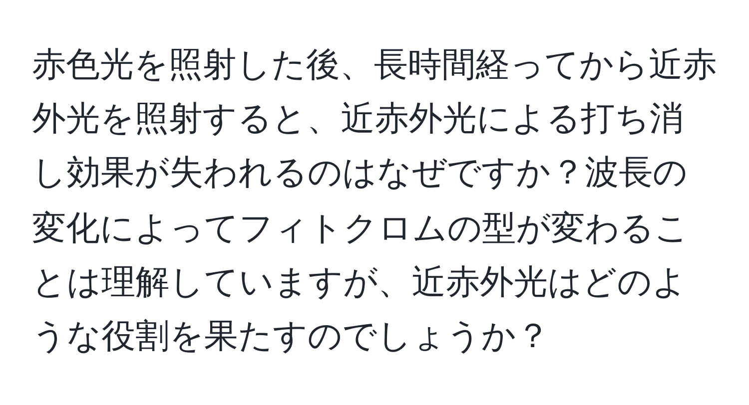 赤色光を照射した後、長時間経ってから近赤外光を照射すると、近赤外光による打ち消し効果が失われるのはなぜですか？波長の変化によってフィトクロムの型が変わることは理解していますが、近赤外光はどのような役割を果たすのでしょうか？