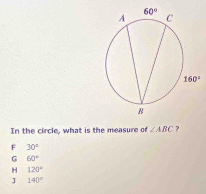 In the circle, what is the measure of ∠ ABC ?
F 30°
G 60°
H 120°
140°