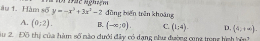 loi trác nghiệm
âu 1. Hàm số y=-x^3+3x^2-2 đồng biến trên khoảng
A. (0;2). B. (-∈fty ;0). C. (1;4). D. (4;+∈fty ). 
ầu 2. Đồ thị của hàm số nào dưới đây có dạng như đường cong trong hình hện?