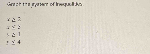 Graph the system of inequalities.
x≥ 2
x≤ 5
y≥ 1
y≤ 4