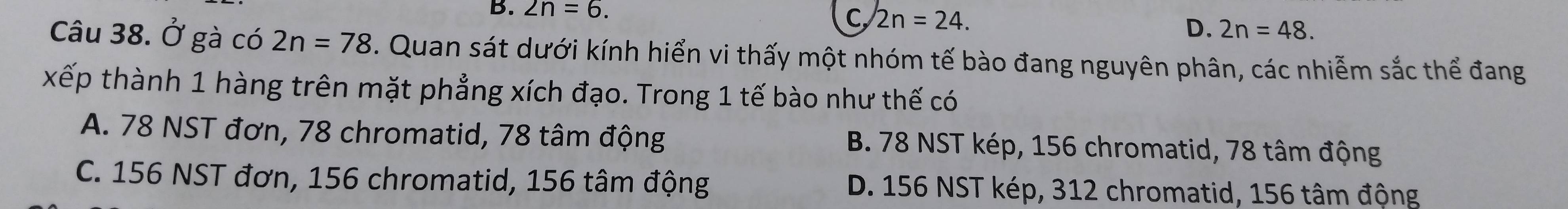 B. ∠ n=6. C 2n=24. D. 2n=48. 
Câu 38. Ở gà có 2n=78. Quan sát dưới kính hiển vi thấy một nhóm tế bào đang nguyên phân, các nhiễm sắc thể đang
xếp thành 1 hàng trên mặt phẳng xích đạo. Trong 1 tế bào như thế có
A. 78 NST đơn, 78 chromatid, 78 tâm động B. 78 NST kép, 156 chromatid, 78 tâm động
C. 156 NST đơn, 156 chromatid, 156 tâm động D. 156 NST kép, 312 chromatid, 156 tâm động