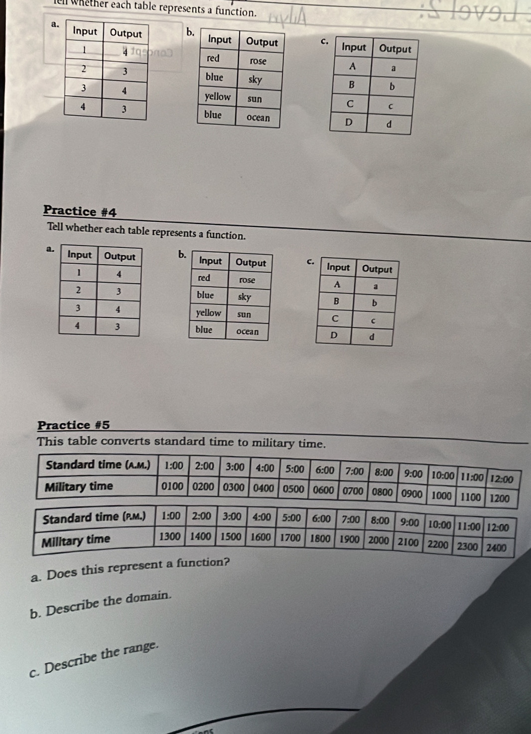 ell whether each table represents a function. 
a b 
Practice #4 
Tell whether each table represents a function. 
a b C 


Practice #5 
This table converts standard time to military time. 
Standard time (A.M.) 1:00 2:00 3:00 4:00 5:00 6:00 7:00 8:00 9:00 10:00 11:00 12:00
Military time 0100 0200 0300 0400 0500 0600 0700 0800 0900 1000 11 00 1200

Standard time (P.M.) 1:00 2:00 3:00 4:00 5:00 6:00 7:00 8:00 9:00 10:00 11:00 12:00
Military time 1300 1400 1500 1600 1700 1800 1900 2000 2100 2200 2300 2400
a. Does this represent a function? 
b. Describe the domain. 
c. Describe the range.