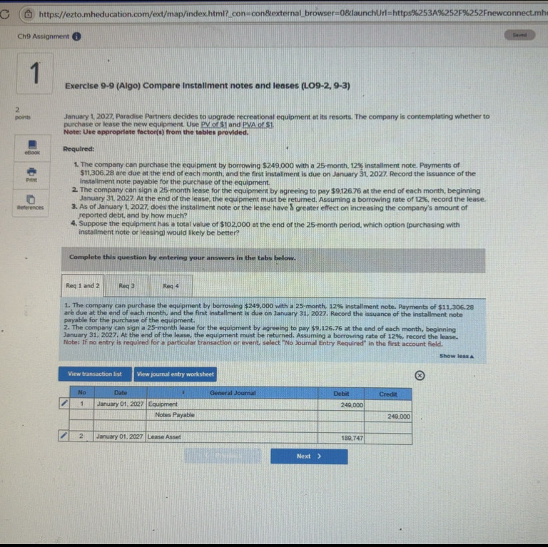 Solved: Ch9 Assignment Savel 1 Exercise 9-9 (Algo) Compare installment ...