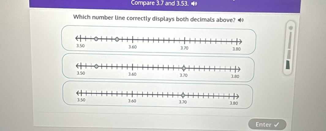 Compare 3.7 and 3.53. 
Which number line correctly displays both decimals above? 
Enter