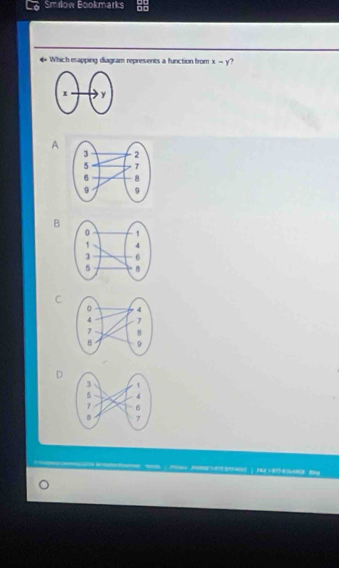 Smilow Bookmarks □ □
Which mapping diagram represents a function from x=y
A
B
C
D