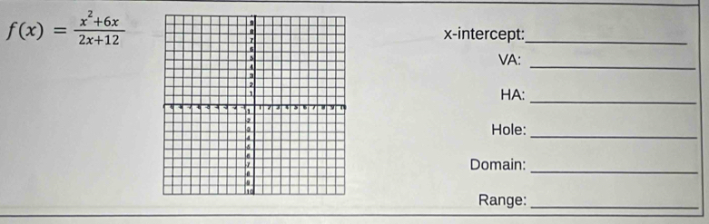 f(x)= (x^2+6x)/2x+12 
x-intercept:_ 
_ 
VA: 
_ 
HA: 
Hole:_ 
Domain:_ 
Range:_