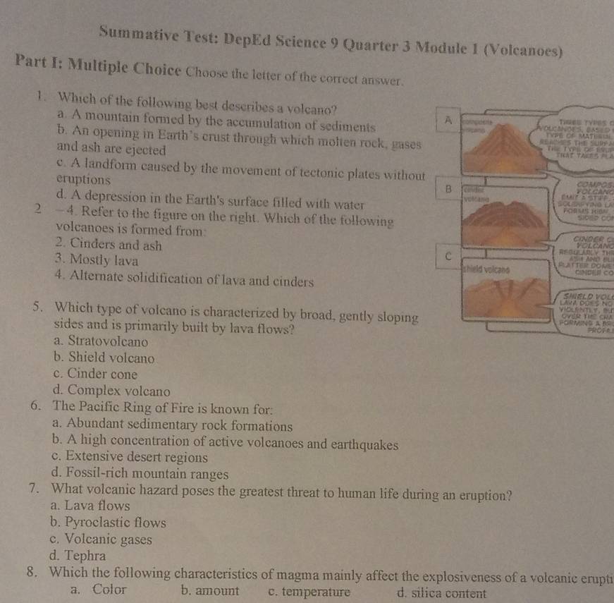 Summative Test: DepEd Science 9 Quarter 3 Module 1 (Volcanoes)
Part I: Multiple Choice Choose the letter of the correct answer.
1. Which of the following best describes a volcano?
a. A mountain formed by the accumulation of sediments S
TINEU TYPES 
GIS
b. An opening in Earth’s crust through which molten rock, gases s t s 
and ash are ejected ThE TVPE OS E9
c. A landform caused by the movement of tectonic plates without
eruptions COMPOS
rorcae
d. A depression in the Earth's surface filled with water SELERF Y VO U 
2 —4. Refer to the figure on the right. Which of the followingS ∞
volcanoes is formed from C N D E R VOLCANC
2. Cinders and ash
AS ANd el
3. Mostly lava PUITER DONE
CiNDER CO
4. Alternate solidification of lava and cinders
SHELD V O L 
VIOLENTLY、B LAMA DSE ' NG
5. Which type of volcano is characterized by broad, gently slopingPORMS A. BR oVER T CM
sides and is primarily built by lava flows?PROFA
a. Stratovolcano
b. Shield volcano
c. Cinder cone
d. Complex volcano
6. The Pacific Ring of Fire is known for:
a. Abundant sedimentary rock formations
b. A high concentration of active volcanoes and earthquakes
c. Extensive desert regions
d. Fossil-rich mountain ranges
7. What volcanic hazard poses the greatest threat to human life during an eruption?
a. Lava flows
b. Pyroclastic flows
c. Volcanic gases
d. Tephra
8. Which the following characteristics of magma mainly affect the explosiveness of a volcanic erupti
a. Color b. amount c. temperature d. silica content