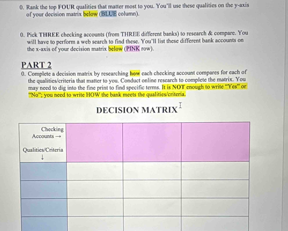 Rank the top FOUR qualities that matter most to you. You'll use these qualities on the y-axis 
of your decision matrix below (BLUE column). 
0. Pick THREE checking accounts (from THREE different banks) to research & compare. You 
will have to perform a web search to find these. You’ll list these different bank accounts on 
the x-axis of your decision matrix below (PINK row). 
PART 2 
0. Complete a decision matrix by researching how each checking account compares for each of 
the qualities/criteria that matter to you. Conduct online research to complete the matrix. You 
may need to dig into the fine print to find specific terms. It is NOT enough to write “Yes” or 
“No”; you need to write HOW the bank meets the qualities/criteria. 
DECISION MATRIX