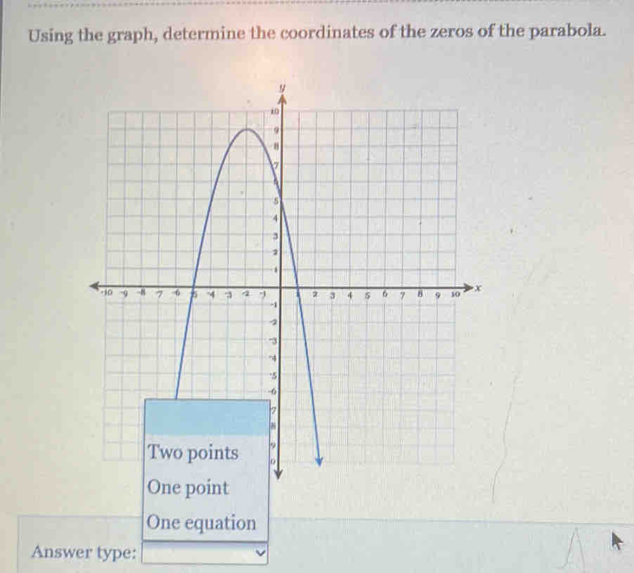 Using the graph, determine the coordinates of the zeros of the parabola. 
One equation 
Answer type: