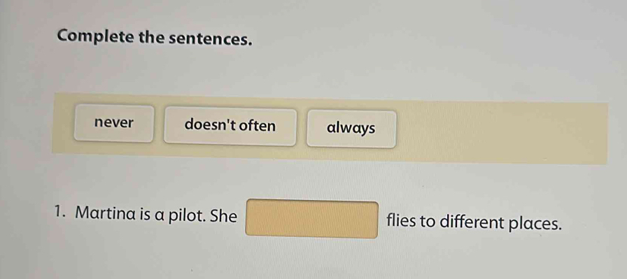 Complete the sentences.
never doesn't often always
1. Martina is a pilot. She □ flies to different places.