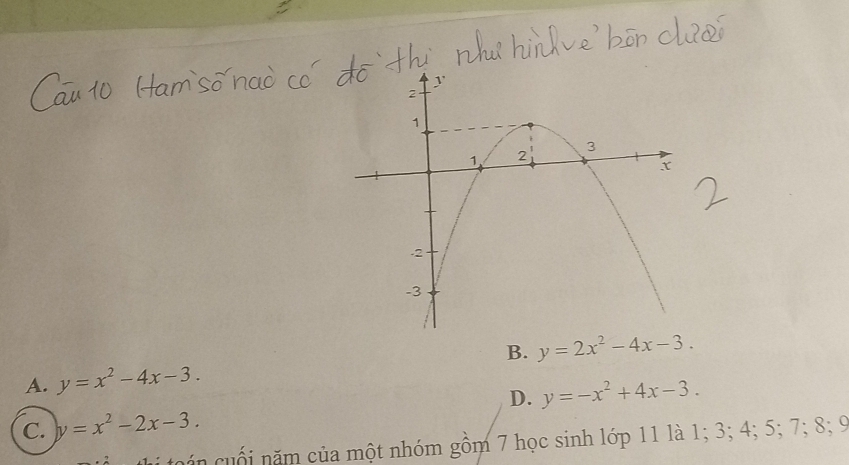 A. y=x^2-4x-3. B. y=2x^2-4x-3.
D.
C. y=x^2-2x-3. y=-x^2+4x-3. 
c ton ối năm của một nhóm gồm 7 học sinh lớp 11 là 1; 3; 4; 5; 7; 8; 9