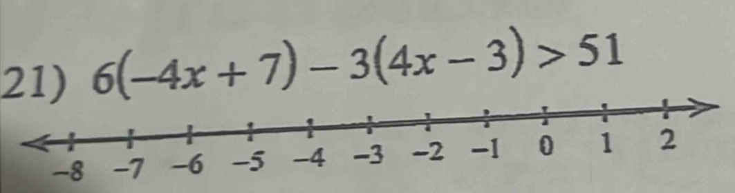 6(-4x+7)-3(4x-3)>51