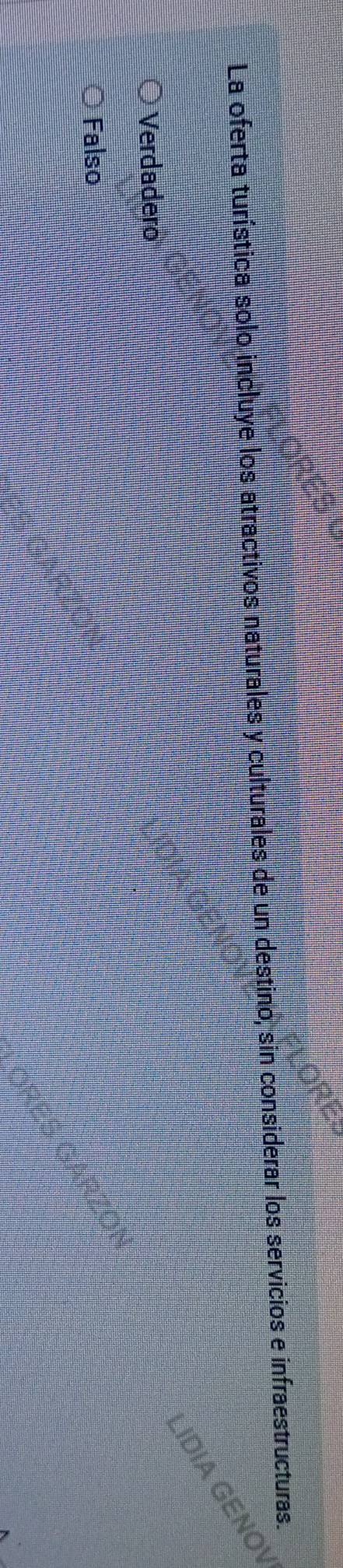 La oferta turística solo incluye los atractivos naturales y culturales de un destino, sin considerar los servicios e infraestructuras.
Verdadero
Falso