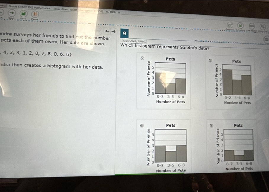 Grade 6 FAST PM2 Mathematics Issac Oliva, Yuliett (Uvername: 919DP) FL-BCE1-134 
11 
a 
9 

andra surveys her friends to find out the number . Isaac Oliva, Yuliett 
pets each of them owns. Her data are shown. Which histogram represents Sandra's data?
,4,3,3,1,2,0,7,8,0,6,6

ndra then creates a histogram with her data.