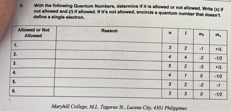 With the following Quantum Numbers, determine if it is allowed or not allowed. Write (x) if
not allowed and (/) if allowed. If it’s not allowed, encircle a quantum number that doesn’t
define a single electron.
Maryhill College, M.L. Tagarao St., Lucena City, 4301 Philippines.