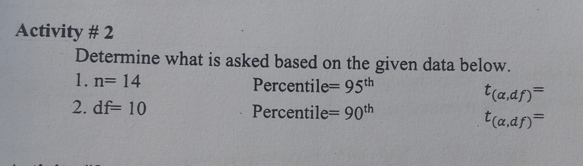 Activity # 2 
Determine what is asked based on the given data below. 
1. n=14 Percentile =95^(th)
t_(alpha ,df)=
2. df=10 Percentile =90^(th)
t_(alpha ,df)=