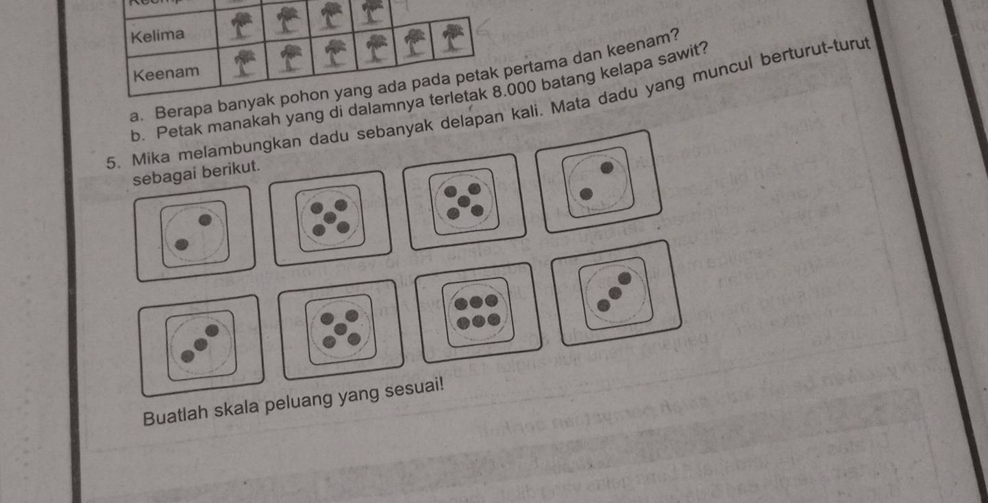 Berapa bertama dan keenam? 
b. Petak manakah yang di dalam000 batang kelapa sawit? 
5. Mika melambungkan dadu sebanyak delapan kali. Mata dadu yang muncul berturut-turut 
sebagai berikut. 
Buatlah skala peluang yang sesuai!