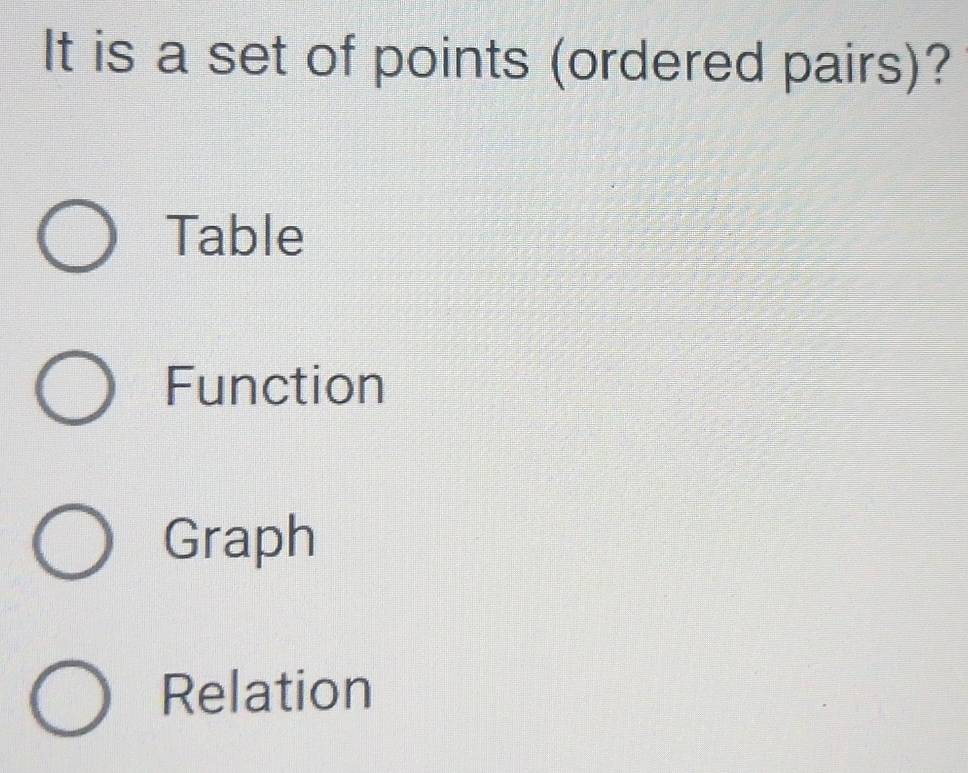 It is a set of points (ordered pairs)?
Table
Function
Graph
Relation