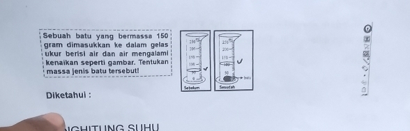 Sebuah batu yang bermassa 150
gram dimasukkan ke dalam gelas 
ukur berisi air dan air mengalami 
kenaikan seperti gambar. Tentukan 
massa jenis batu tersebut!
50
Diketahui : Sebelum Sesudah
g hịtung Suhụ