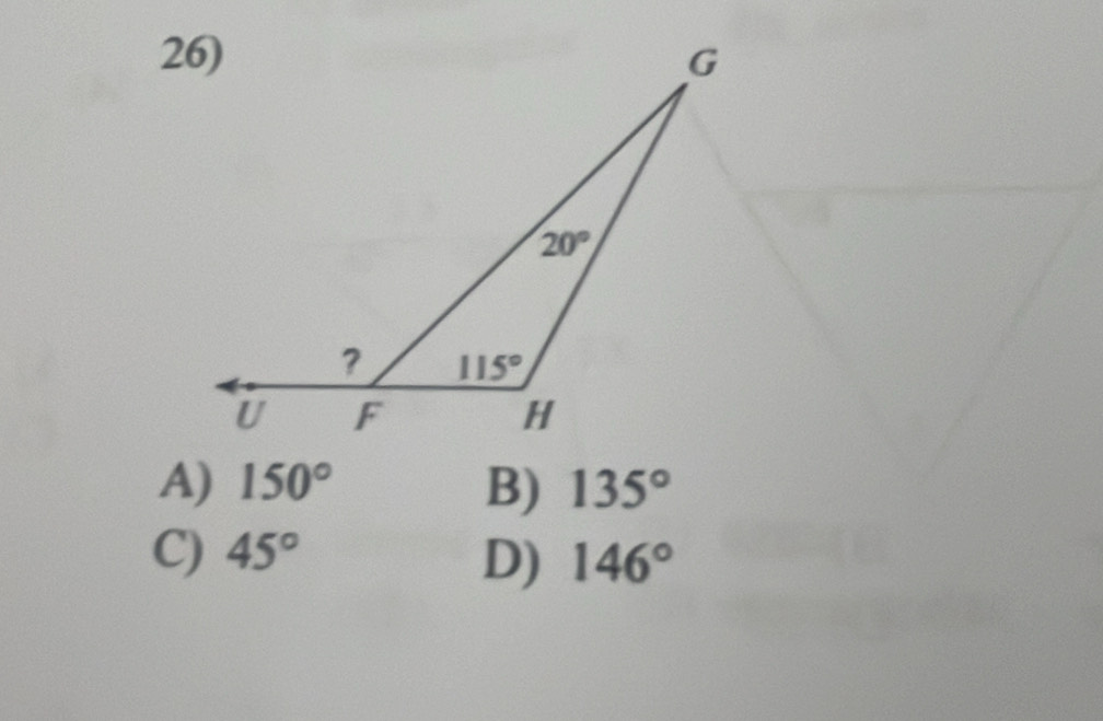 A) 150° B) 135°
C) 45°
D) 146°