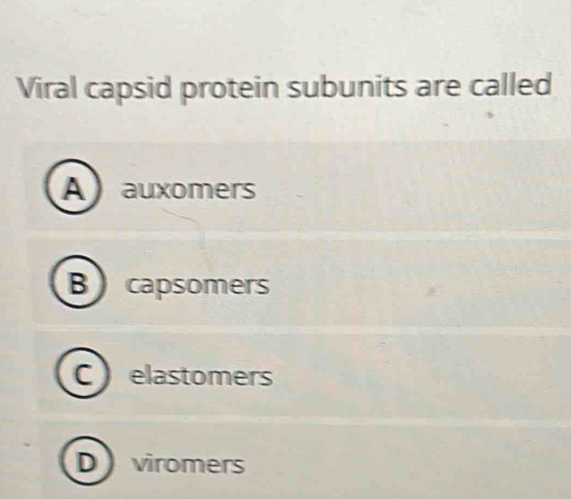 Viral capsid protein subunits are called
Aauxomers
B capsomers
C elastomers
D viromers