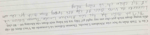 Tinh thần tự học của Abraham Lincoln, Thomas Edison và Leonardo da Vinci được đề cập 
_ 
đến trong đoạn trích gợi cho em suy nghĩ gì? Hãy trả lời bằng một đoạn văn khoảng 60 - 80 chữ. 
_ 
_ 
_ 
_ 
_