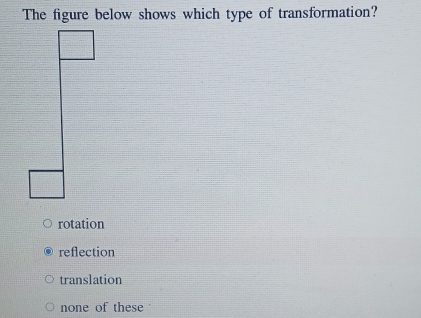 The figure below shows which type of transformation?
rotation
reflection
translation
none of these