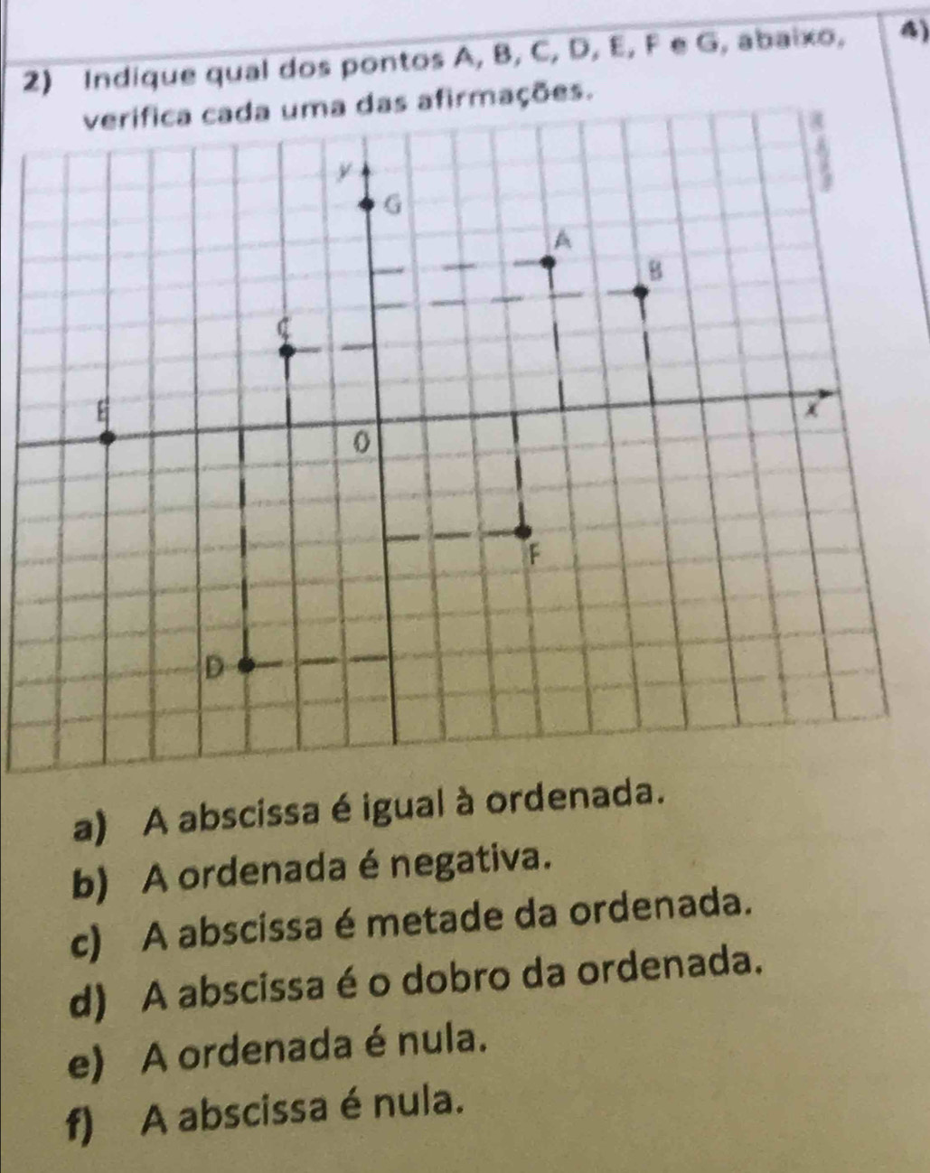 Indique qual dos pontos A, B, C, D, E, F e G, abaixo,
verífica cada uma das afirmações.
y
a
G
A
B
C
E
x
o
F
D
a) A abscissa é igual à ordenada.
b) A ordenada é negativa.
c) A abscissa é metade da ordenada.
d) A abscissa é o dobro da ordenada.
e) A ordenada é nula.
f) A abscissa é nula.