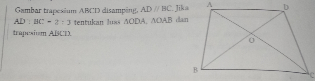 Gambar trapesium ABCD disamping. AD//BC. Jika
AD:BC=2:3 tentukan luas △ ODA, △ OAB dan 
trapesium ABCD.