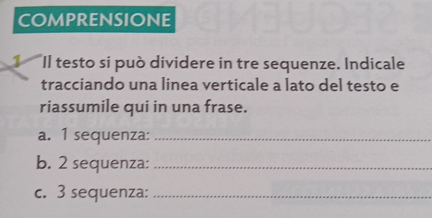 COMPRENSIONE 
1 Il testo si può dividere in tre sequenze. Indicale 
tracciando una linea verticale a lato del testo e 
riassumile qui in una frase. 
a. 1 sequenza:_ 
b. 2 sequenza:_ 
c. 3 sequenza:_