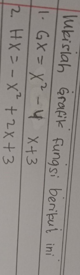 lukislah Grafik fungsi beribul ini 
1. 6x=x^2-4x+3
72. HX=-x^2+2x+3