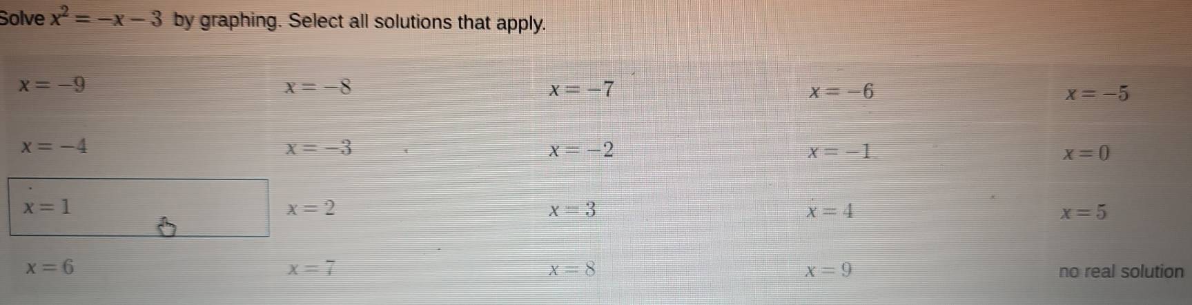 Solve x^2=-x-3 by graphing. Select all solutions that apply.
n