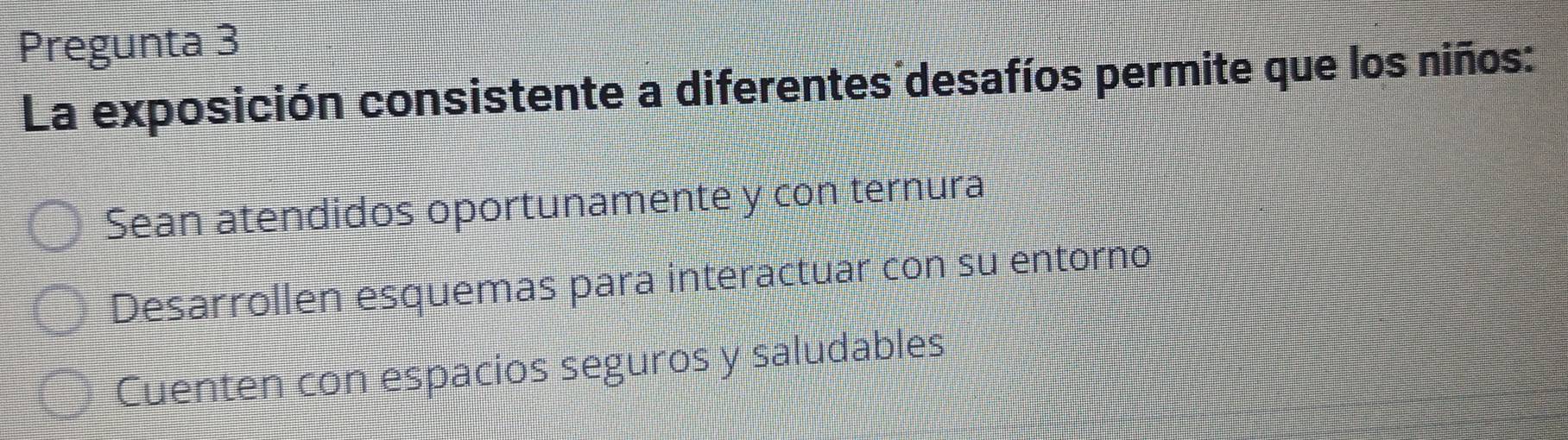 Pregunta 3
La exposición consistente a diferentes desafíos permite que los niños:
Sean atendidos oportunamente y con ternura
Desarrollen esquemas para interactuar con su entorno
Cuenten con espacios seguros y saludables