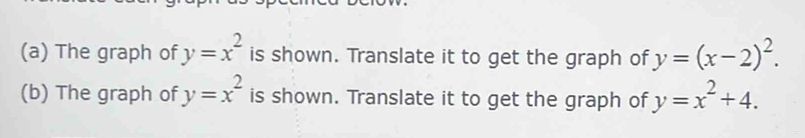 The graph of y=x^2 is shown. Translate it to get the graph of y=(x-2)^2. 
(b) The graph of y=x^2 is shown. Translate it to get the graph of y=x^2+4.