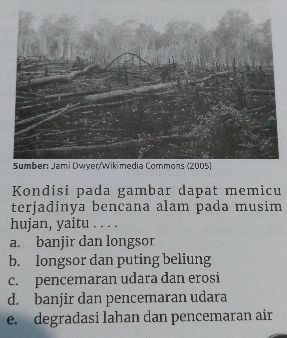 Kondisi pada gambar dapat memicu
terjadinya bencana alam pada musim
hujan, yaitu . . . .
a. banjir dan longsor
b. longsor dan puting beliung
c. pencemaran udara dan erosi
d. banjir dan pencemaran udara
e. degradasi lahan dan pencemaran air