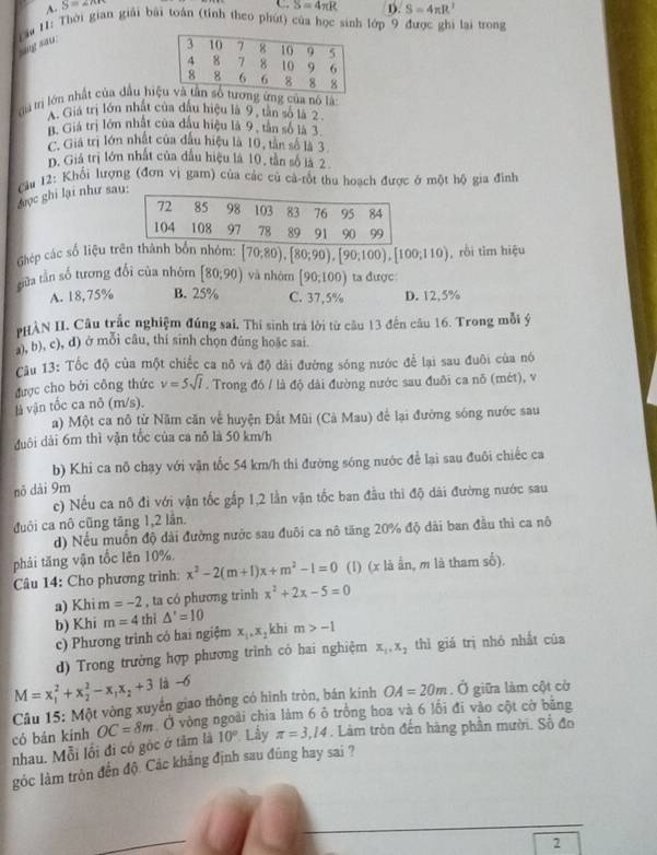 A. b=27
S=4π R D. S=4π R
ra 11: Thời gian giải bài toán (tính theo phút) của học sinh lớp 9 được ghi lại trong
sang sau.
đa trị lớn nhất của đầu hiệ ứng của nó là:
A. Giả trị lớn nhất của đầu hiệu là 9 , tân số là 2
B. Giả trị lớn nhất của đầu hiệu là 9 , tân số là 3
C. Giả trị lớn nhật của đầu hiệu là 10, tân số là 3
D. Giả trị lớn nhất của đấu hiệu là 10, tần số là 2
đuợc ghi lại như sa  Câu 12: Khối lượng (đơn vị gam) của các củ cà-rốt thu hoạch được ở một hộ gia đình
G hép các số liệu trên thành bốn nhóm: (70;80),[80;90),[90;100),[100;110) , rồi tìm hiệu
tửa tần số tương đối của nhóm [80,90) và nhóm [90,100) ta được
A. 18,75% B. 25% C. 37,5% D. 12,5%
PHÀN II. Câu trắc nghiệm đúng sai, Thí sinh trá lời từ cầu 13 đến câu 16. Trong mỗi ý
a), b), c), d) ở mỗi câu, thí sinh chọn đúng hoặc sai.
Câu 13: Tốc độ của một chiếc ca nỗ và độ dài đường sóng nước để lại sau đuôi của nó
được cho bởi công thức v=5sqrt(l). Trong đó / là độ dài đường nước sau đuôi ca nỗ (mét), v
l vận tốc ca nô (m/s).
a) Một ca nô từ Năm căn về huyện Đất Mũi (Cà Mau) để lại đường sóng nước sau
đuôi dài 6m thì vận tốc của ca nỗ là 50 km/h
b) Khi ca nô chạy với vận tốc 54 km/h thi đường sóng nước để lại sau đuôi chiếc ca
nǒ dài 9m
c) Nếu ca nô đi với vận tốc gấp 1,2 lần vận tốc ban đầu thi độ dài đường nước sau
đuôi ca nô cũng tăng 1,2 lần.
d) Nếu muốn độ dài đường nước sau đuôi ca nô tăng 20% độ dài ban đầu thì ca nô
phải tăng vận tốc lên 10%.
Câu 14: Cho phương trinh: x^2-2(m+1)x+m^2-1=0 (1) (x là ần, m là tham số).
a) Khi m =-2 , ta có phương trình x^2+2x-5=0
b) Khi m=4 thì △ '=10 m>-1
c) Phương trình có hai ngiệm x_1,x_2 , khi
d) Trong trường hợp phương trình có hai nghiệm x_1,x_2 thì giá trị nhỏ nhất của
M=x_1^(2+x_2^2-x_1)x_2+3 là -6
Câu 15: Một vòng xuyển giao thông có hình tròn, bán kinh OA=20m. Ở giữa làm cột cờ
nhau. Mỗi lối đi có góc ở tâm là OC=8m Ở vòng ngoài chia làm 6 ô trồng hoa và 6 lối đi vào cột cờ băng
có bán kính * Lầy π =3,14. Làm tròn đến hàng phần mười. Số đo
10°
gỏc làm tròn đến độ. Các khẳng định sau đùng hay sai ?
2