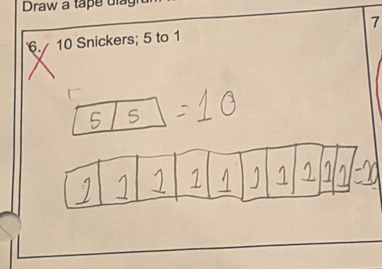 Draw a tape diagi 
6. 10 Snickers; 5 to 1 7